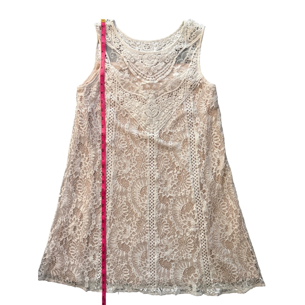 White Floral Lace Sleeveless Shift Mini Dress Crochet Yoke Boho Bridal Cream - Picture 5 of 5